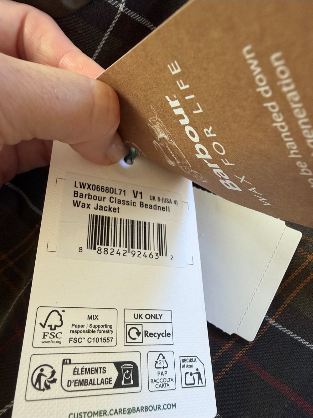 Women’s Barbour Olive Waxed Field Jacket with Tartan Trim - Picture 5 of 5